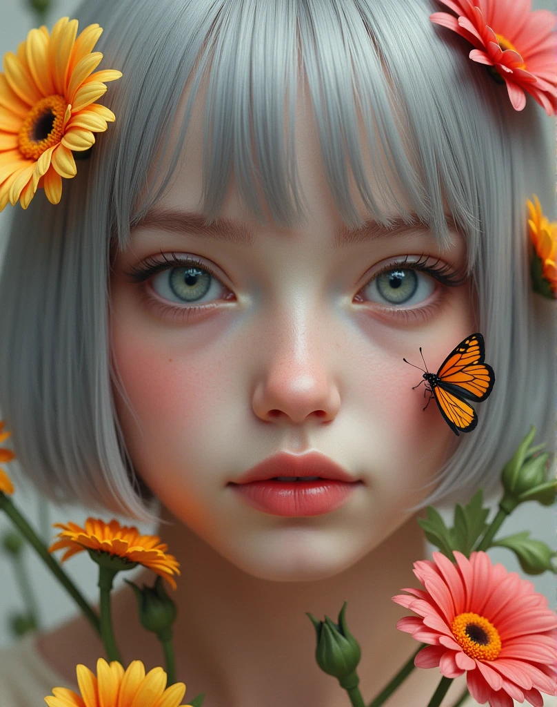 (RAW photo, best quality, masterpiece: 1.2), (photorealistic: 1.4), best lighting, 20 years old, (light blue eyes, light gray hair, short bob cut, hair in 7 thirds, hair over one ear, :1.3), (Symmetrical eyes, solo, Detailed Skin:1.2), looking at viewer, (light gray hair, ((Close-up of face, colorful gerberas around face, small butterfly perched, beautiful lips)),:1.25)