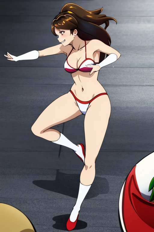 masterpiece, best quality, beautiful art, high resolution, well formed hands, body and fingers, 1 woman, solo, Lum Invader , 31 years old, full body picture, grown up, adult, large and rounded breasted, cleavage, hair ornament, wearing a Tyris Flare outfit , white_bikini, full body, sexy and skimpy bikini, gorgeous hips, legs and thighs bouncing breasts, red boots, dancing seductively and erotically, turning backwards and forwards, bikini thong, shaking her body alluringly, smiling joyfully, looking at the viewer, sweating , flirting, beach environment
