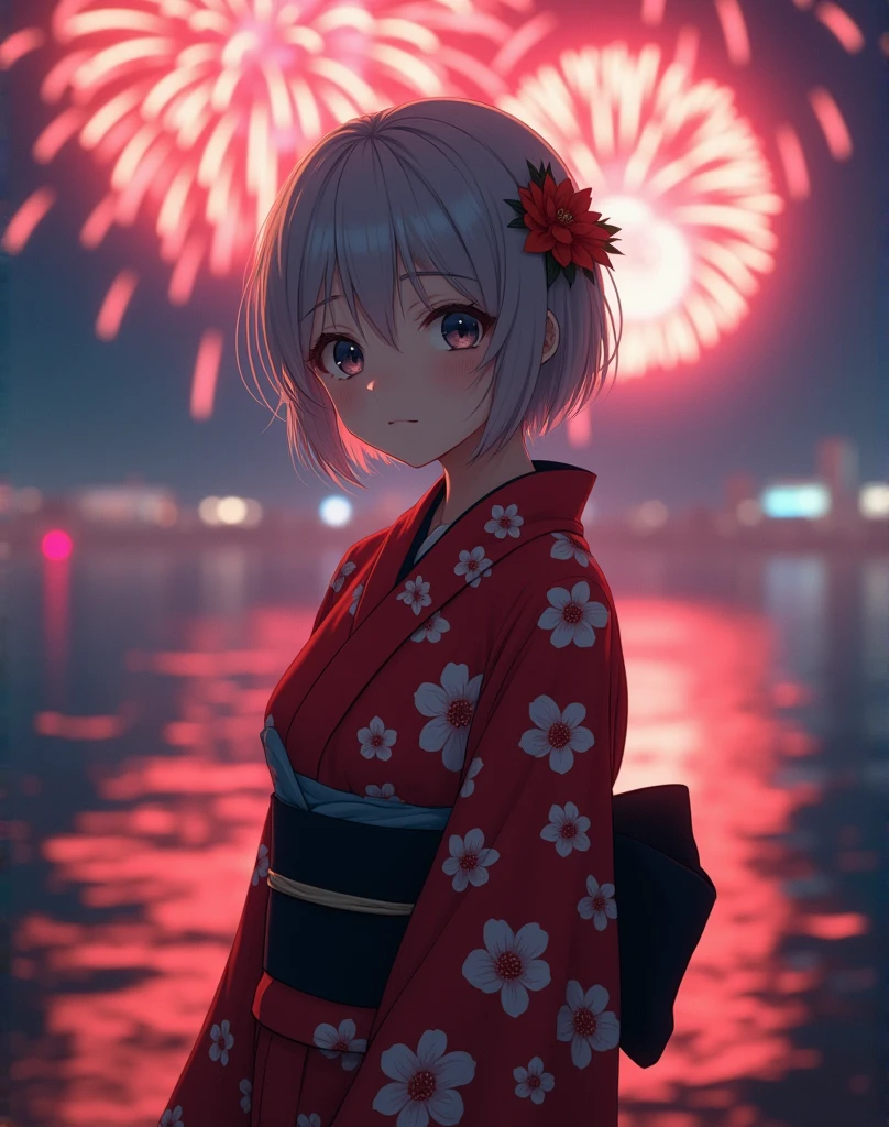 (RAW photo, best quality, masterpiece: 1.2), (photorealistic: 1.4), best lighting, 20 years old, (light gray hair, short bob cut, hair in 7 thirds, hair over one ear, :1.3), (Symmetrical eyes, solo, medium breast, Detailed Skin, like a model:1.2), looking at viewer, (light gray hair, cowboyshot, ((Countless fireworks shot into the sea background)), standing, ((Red and white yukata with beautiful red camellia flower pattern, black obijime, hair ornament to match the yukata, midnight, long shot)),:1.25)