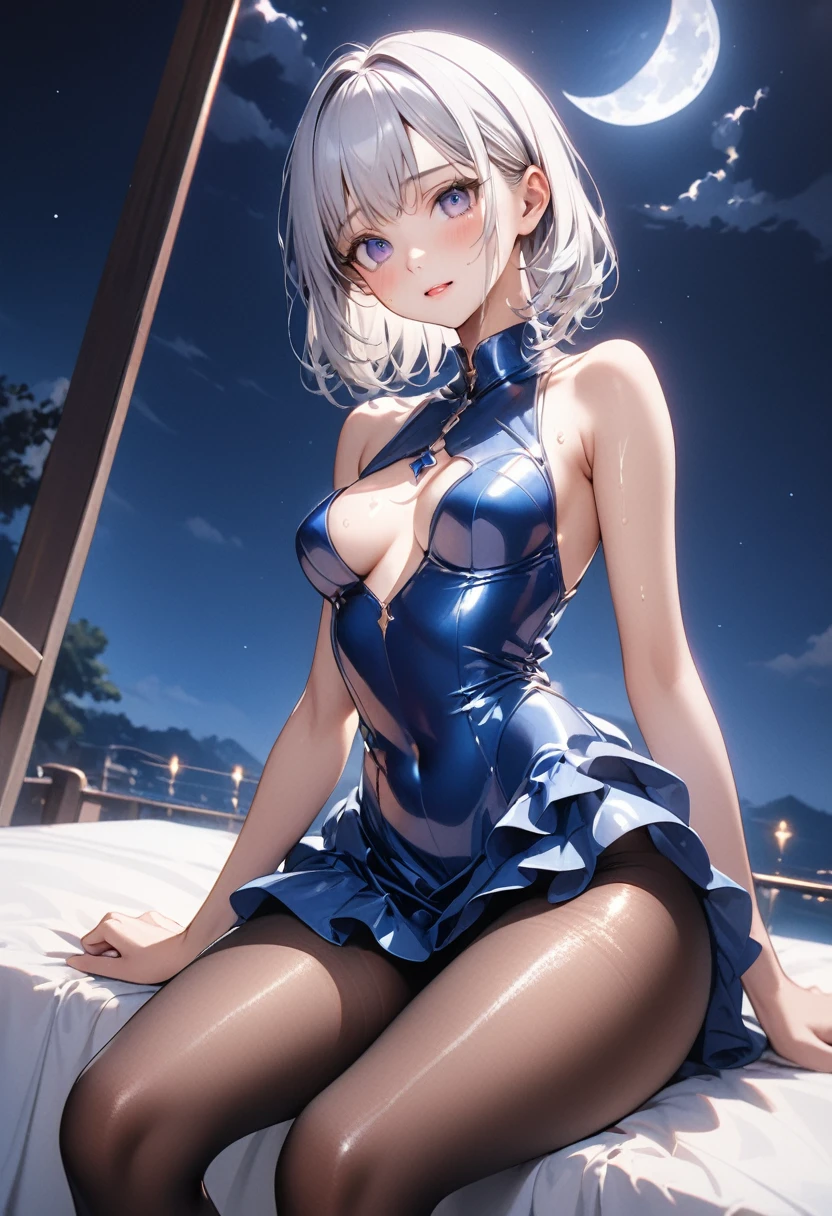 (Moon-inspired dress)), ((skirt)), ((pantyhose)), ((Shiny Costumes)), skindentation, skinny, solo, 1 woman, Masterpiece, highest quality, highest quality, 16K, incredibly absurd, highly detailed, 2.5D, ai-generated, delicate and dynamic, very delicate facial expressions, delicate eye depiction, erotic, only sexy woman, ((A cute and kind face)), healthy figure, ((25-year-old woman)), 160cm tall, medium firm swaying bust, , blush, Sweat,Embarrassed,sexy, ((thin thighs)), (camel toe:0.7), (visible nipples:0.3), (Erect nipples,:0.7), shiny and lustrous, facing straight at viewer, (((in heat))), ((Oily_skin)),, ((dutch angle)), ((erotic pose)), , (((A woman making a confession under the moonlight))), ((sit)),