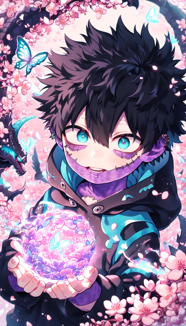 absurdres, highres, ultra detailed, HDR, master piece, best quality, extremely detailed face, delicated features, Dabi as a , black hair, expressive turquoise eyes, Boku No Hero Academia, solo, boy, cute, black dragon costume, close up, blossoms, pink flowers, pink butterflies, fantasy, magic, radiant