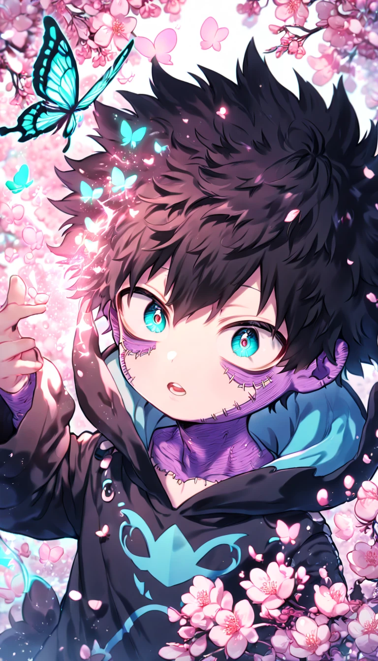 absurdres, highres, ultra detailed, HDR, master piece, best quality, extremely detailed face, delicated features, Dabi as a , black hair, expressive turquoise eyes, Boku No Hero Academia, solo, boy, cute, black dragon costume, close up, blossoms, pink flowers, pink butterflies, fantasy, magic, radiant