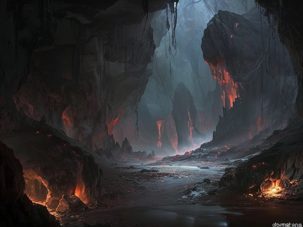 There is a cave,There's fire inside, Diablo digital concept art, Dark fantasy environment, Dark fantasy concept art, dark cinematic concept art, Fantasy doomsday environment, Dark Concept Art, Hell sight, Dark fantasy art, Detailed 4k concept art, Concept Art 8 K, Theatre concept art, Inspired by Andreas Rocha, Epic digital concept art