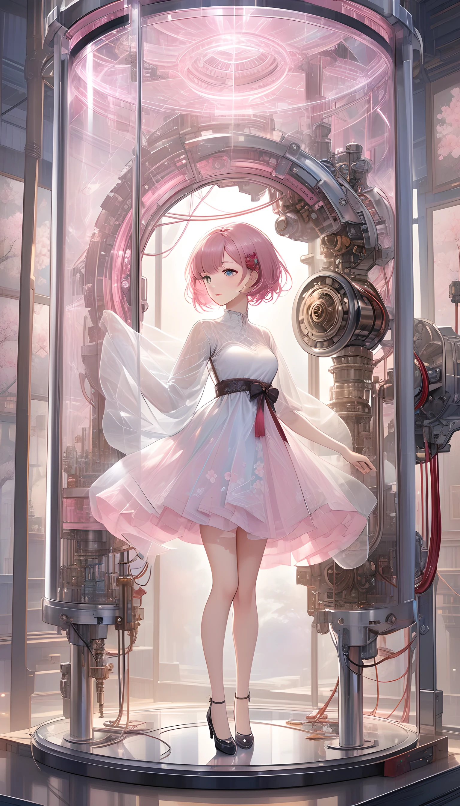 masterpiece,Solitary,Maximum resolution,best quality,wallpaper,Good composition,32K,(Transparent Materials:1.2),1 Girl,Pink short hair,side fringe,Delicate and beautiful face,Mechanical structure,composed of machinery,transmission,Hydraulics,Circuits and wires,Skin wrapped with transparent sss material,doll,artwork,