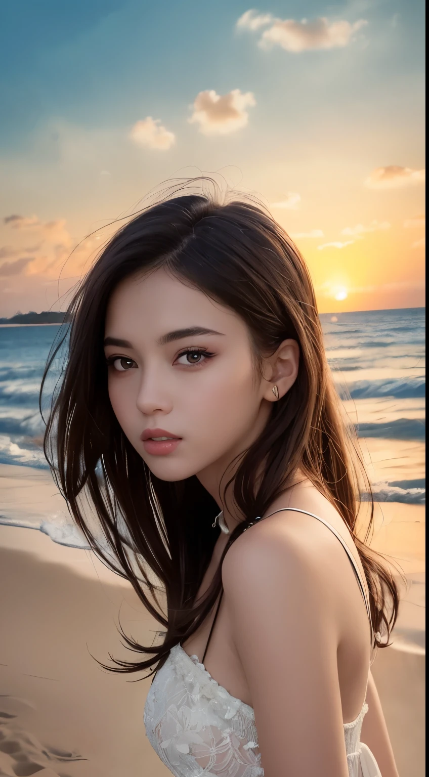 Mustepiece, top quality, illustration, ultra-definition, fine details, high resolution, 32K wallpaper, perfect dynamic composition, beautiful detailed eyes, wearing a dress, natural color lips, beach, random cute pose, perfect and beautiful face , cute, sexy face, sunset, feminine face,