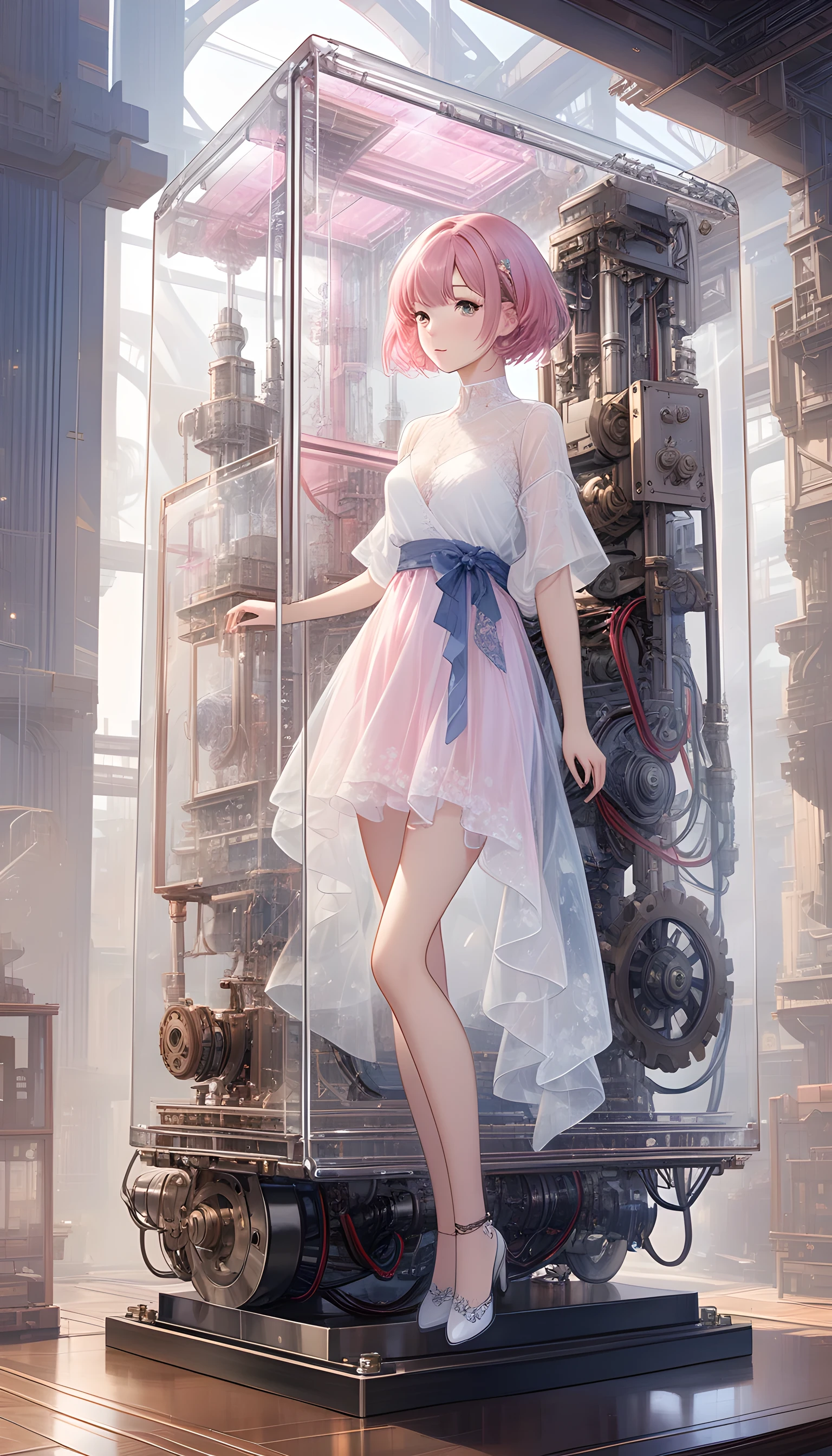 masterpiece,Solitary,Maximum resolution,best quality,wallpaper,Good composition,32K,(Transparent Materials:1.2),1 Girl,Pink short hair,side fringe,Delicate and beautiful face,Mechanical structure,composed of machinery,transmission,Hydraulics,Circuits and wires,Skin wrapped with transparent sss material,doll,artwork,