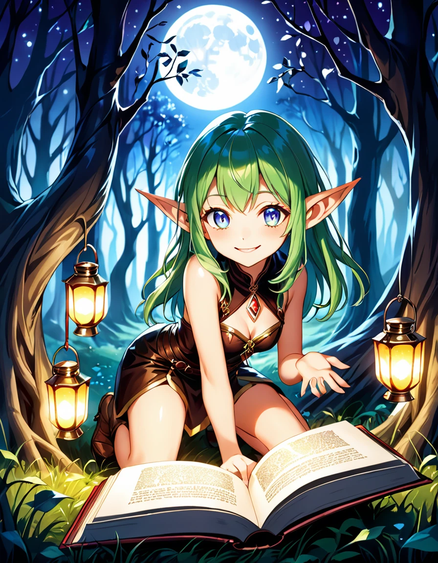 A whimsical scene unfolds under the silver glow of a full moon. A goblin girl, with pointed ears and mischievous grin, kneels amidst a copse of twisted trees. Her hands, adorned with glittering gemstones, cradle a small, leather-bound book. As she whispers secrets to the night, her eyes shine like lanterns in the dark, illuminating the mystical energy surrounding her. Goblin Girl's Moonlit Confession, ImgFixerPre0.3