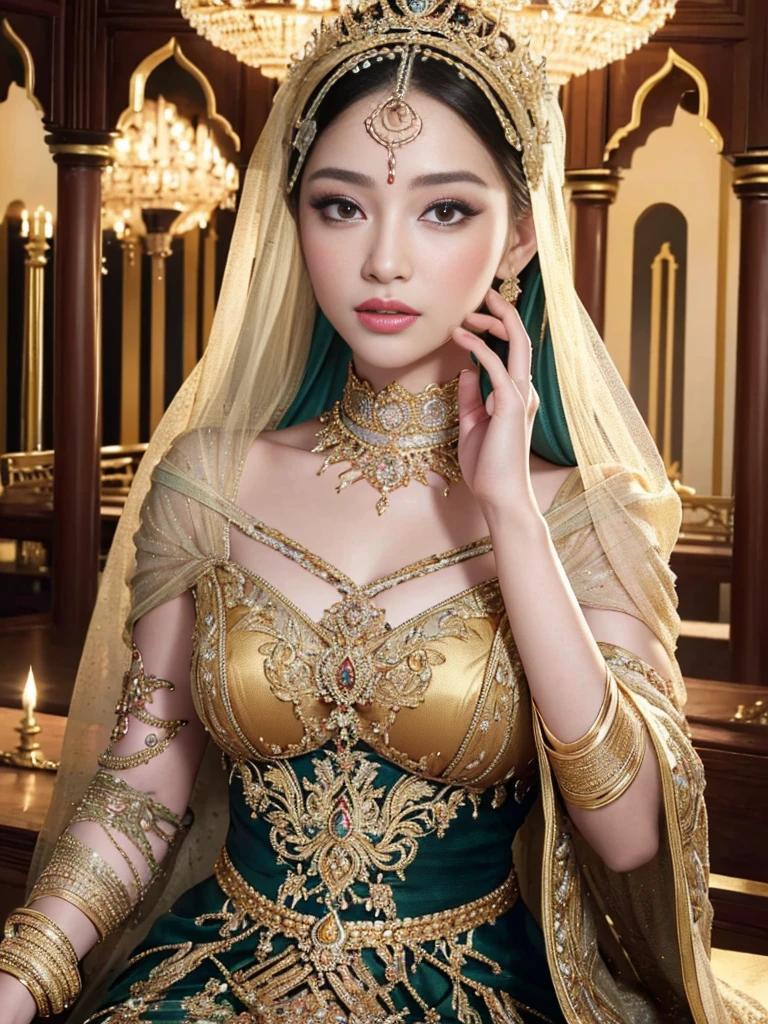 (best quality,4k,highres,masterpiece:1.2),ultra-detailed,realistic:1.37,beautiful and regal Javanese queen with hijab,dark and luxurious palace backdrop,beautiful detailed eyes and face,long eyelashes,voluptuous and curvy figure,exquisite jewelry and accessories,ornate and intricate patterned textiles,dazzling crown and royal attire,golden light illuminating the scene,vibrant and vivid color palette,soft and ethereal lighting,confident and alluring expression,graceful and elegant pose,serene and majestic atmosphere,rich cultural elements and symbols,meticulously captured body contours,subtle and tasteful sensuality,endless attention to every detail,romantic and dreamlike ambiance,artistic interpretation of beauty,stylish and sophisticated composition.