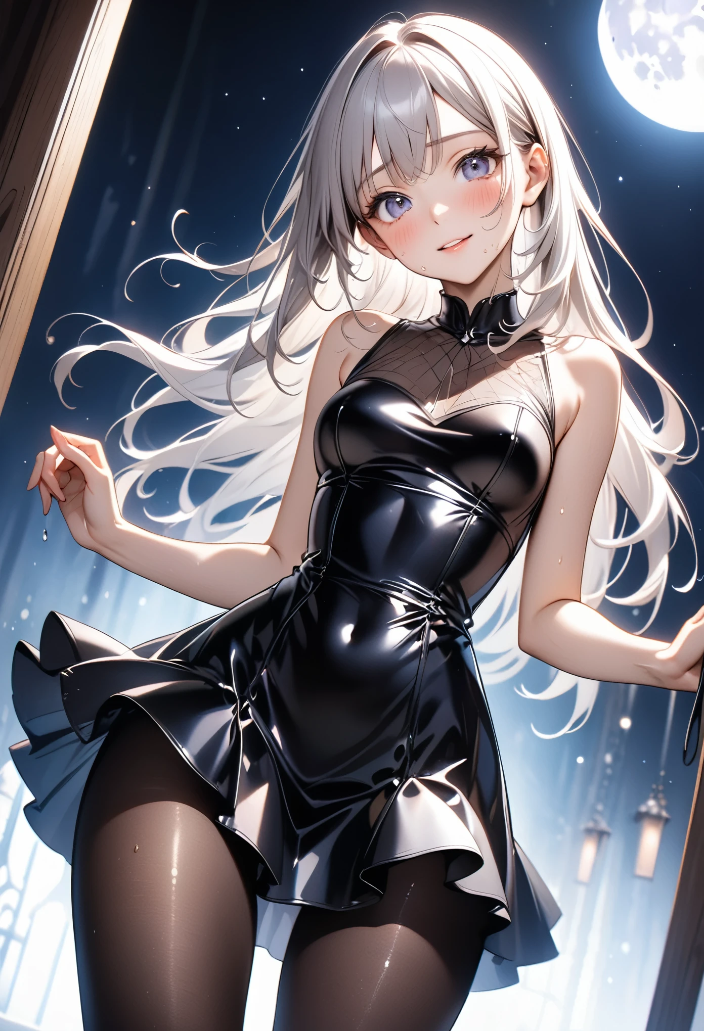 (Moon-inspired dress)), ((skirt)), ((pantyhose)), ((Shiny Costumes)), skindentation, skinny, solo, 1 woman, Masterpiece, highest quality, highest quality, 16K, incredibly absurd, highly detailed, 2.5D, ai-generated, delicate and dynamic, very delicate facial expressions, delicate eye depiction, , only sexy woman, ((A cute and kind face)), healthy figure, ((25-year-old woman)), 160cm tall, medium firm swaying bust, , blush, Sweat,Embarrassed,sexy, ((thin thighs)), (camel toe:0.7), (visible nipples:0.3), (Erect nipples,:0.7), shiny and lustrous, facing straight at viewer, (((in heat))), ((Oily_skin)),, ((dutch angle)), (( pose)), , (((A woman making a confession under the moonlight))),