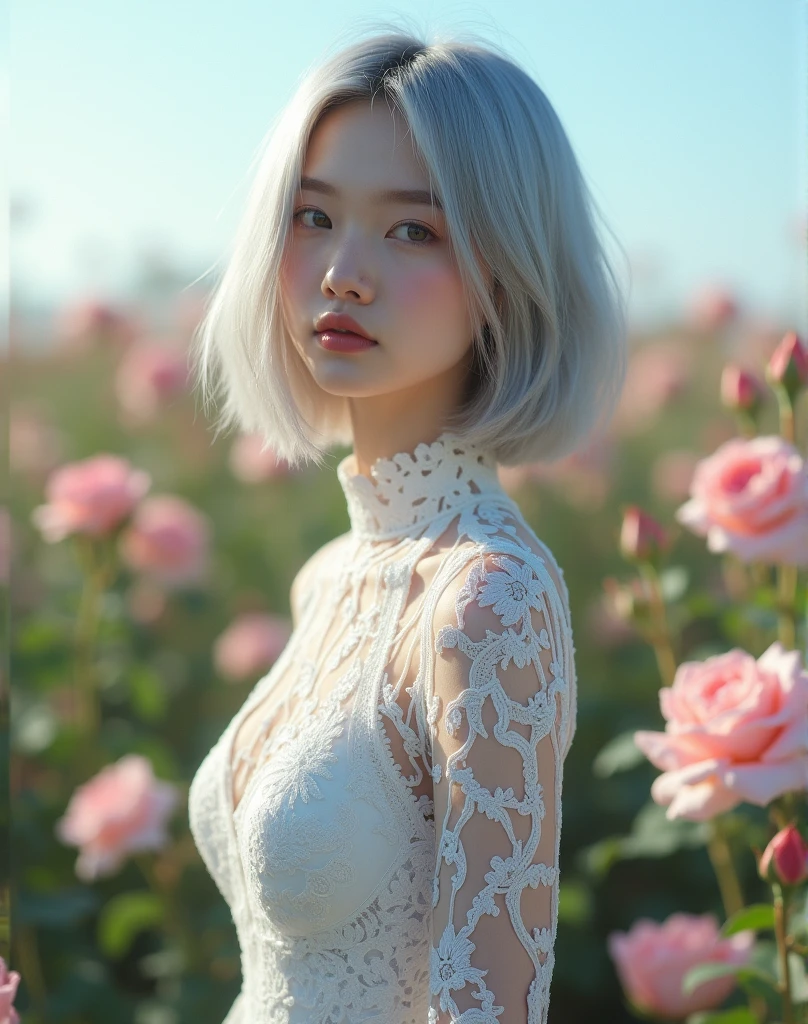 (RAW photo, best quality, masterpiece: 1.2), (photorealistic: 1.4), best lighting, 20 years old, (light gray hair, short bob cut, hair in 7 thirds, hair over one ear, :1.3), (Symmetrical eyes, solo, medium breast, Detailed Skin, like a model:1.2), looking at viewer, (light gray hair, cowboyshot, ((looking up, blue sky, blurred background, field of light pink roses and buds)), standing, ((Tight white lace high neck long sleeved dress)):1.25)