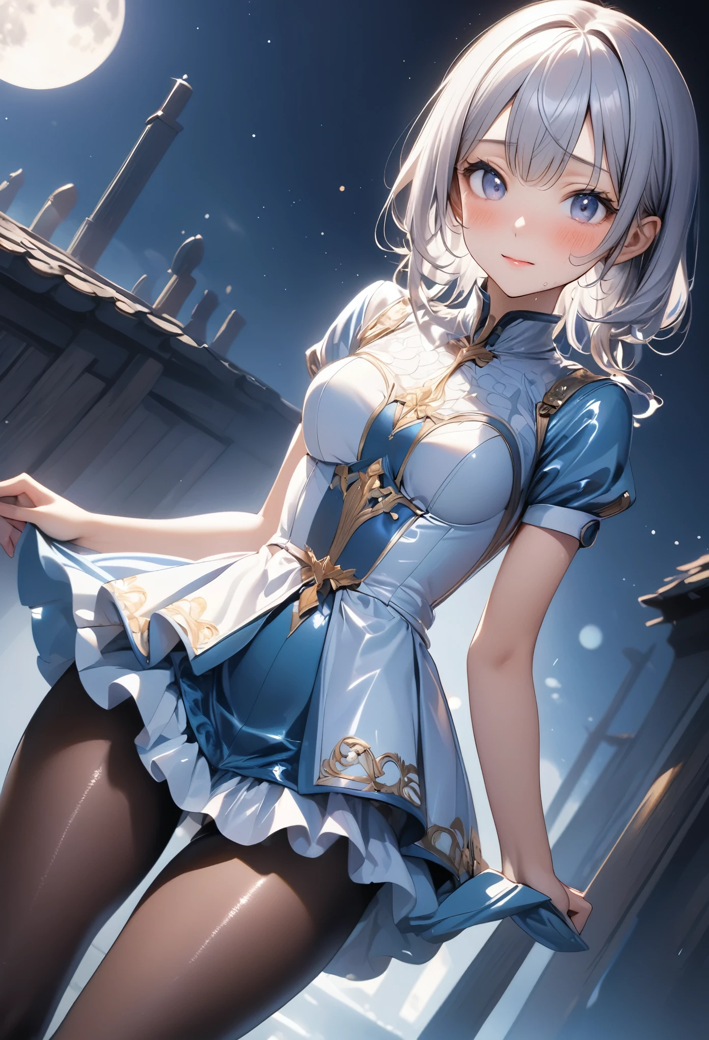 (Moon-inspired dress)), ((skirt)), ((pantyhose)), ((Shiny Costumes)), skindentation, skinny, solo, 1 woman, Masterpiece, highest quality, highest quality, 16K, incredibly absurd, highly detailed, 2.5D, ai-generated, delicate and dynamic, very delicate facial expressions, delicate eye depiction, erotic, only sexy woman, ((A cute and kind face)), healthy figure, ((25-year-old woman)), 160cm tall, medium firm swaying bust, , blush, Sweat,Embarrassed,sexy, ((thin thighs)), (camel toe:0.7), (visible nipples:0.3), (Erect nipples,:0.7), shiny and lustrous, facing straight at viewer, (((in heat))), ((Oily_skin)),, ((dutch angle)), ((erotic pose)), , (((A woman making a confession under the moonlight))),