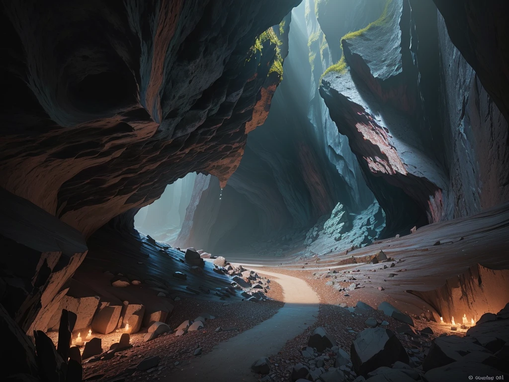 There is a cave,There's fire inside, Diablo digital concept art, Dark fantasy environment, Dark fantasy concept art, dark cinematic concept art, Fantasy doomsday environment, Dark Concept Art, Hell sight, Dark fantasy art, Detailed 4k concept art, Concept Art 8 K, Theatre concept art, Inspired by Andreas Rocha, Epic digital concept art