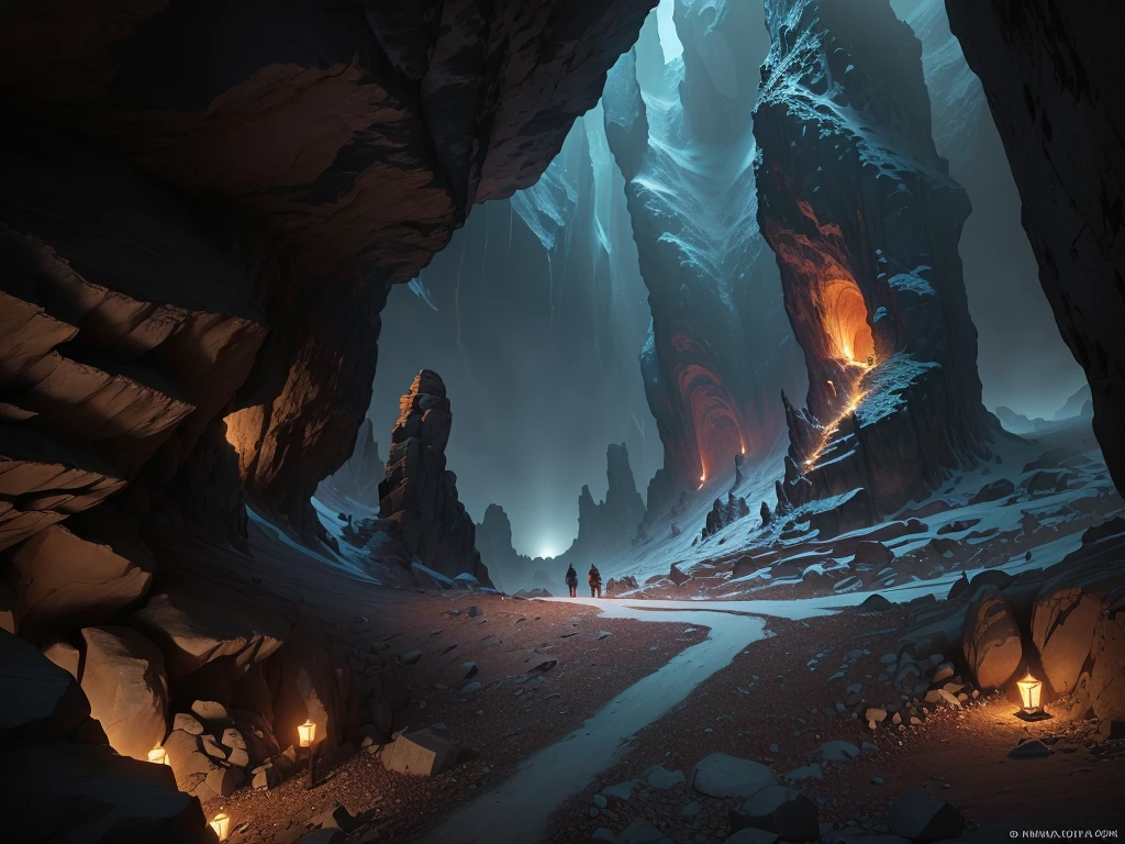 There is a cave,There's fire inside, Diablo digital concept art, Dark fantasy environment, Dark fantasy concept art, dark cinematic concept art, Fantasy doomsday environment, Dark Concept Art, Hell sight, Dark fantasy art, Detailed 4k concept art, Concept Art 8 K, Theatre concept art, Inspired by Andreas Rocha, Epic digital concept art