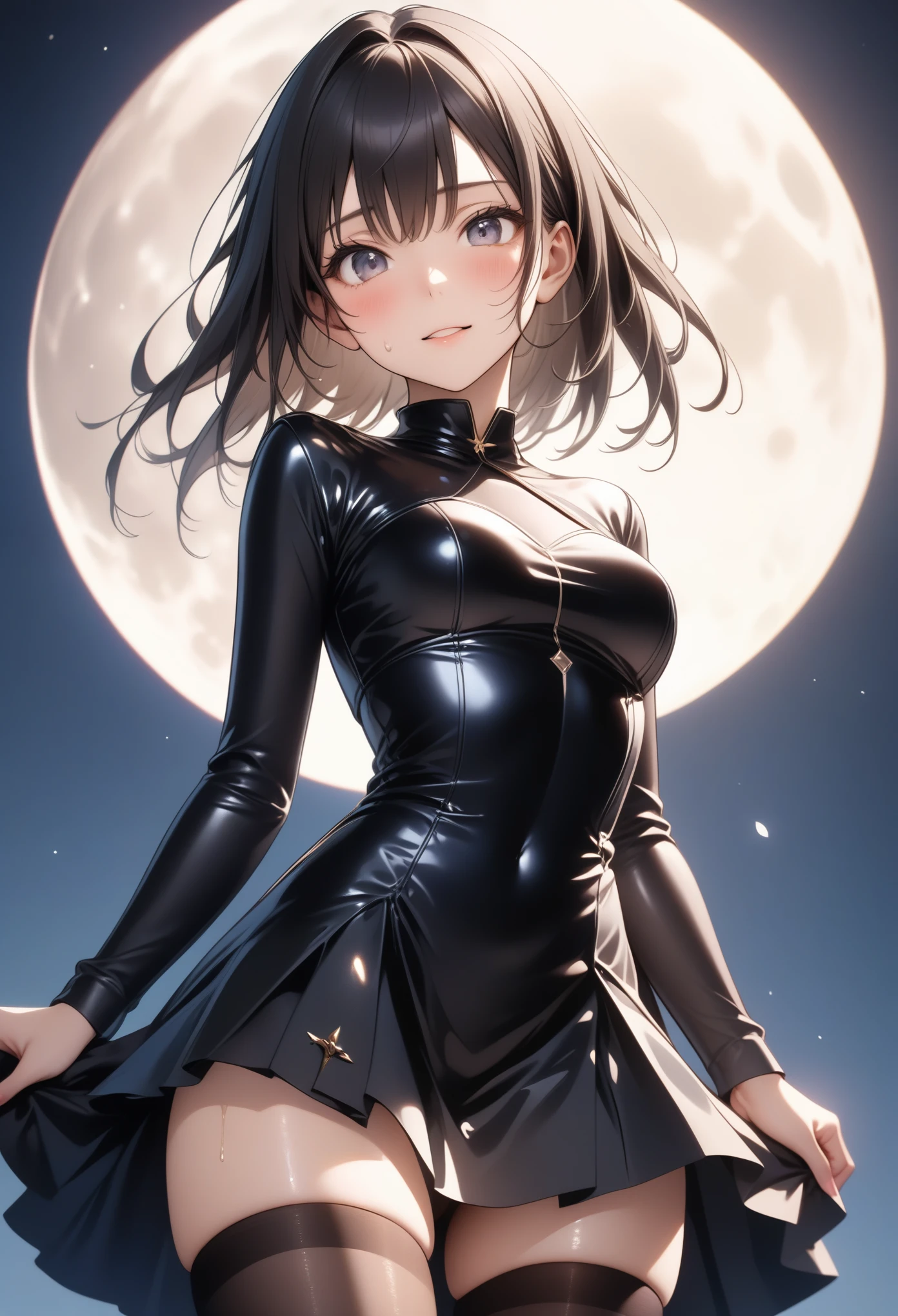 (Moon-inspired dress)), ((skirt)), ((pantyhose)), ((Shiny Costumes)), skindentation, skinny, solo, 1 woman, Masterpiece, highest quality, highest quality, 16K, incredibly absurd, highly detailed, 2.5D, ai-generated, delicate and dynamic, very delicate facial expressions, delicate eye depiction, erotic, only sexy woman, ((A cute and kind face)), healthy figure, ((25-year-old woman)), 160cm tall, medium firm swaying bust, , blush, Sweat,Embarrassed,sexy, ((thin thighs)), (camel toe:0.7), (visible nipples:0.3), (Erect nipples,:0.7), shiny and lustrous, facing straight at viewer, (((in heat))), ((Oily_skin)),, ((dutch angle)), ((erotic pose)), , (((A woman making a confession under the moonlight))),