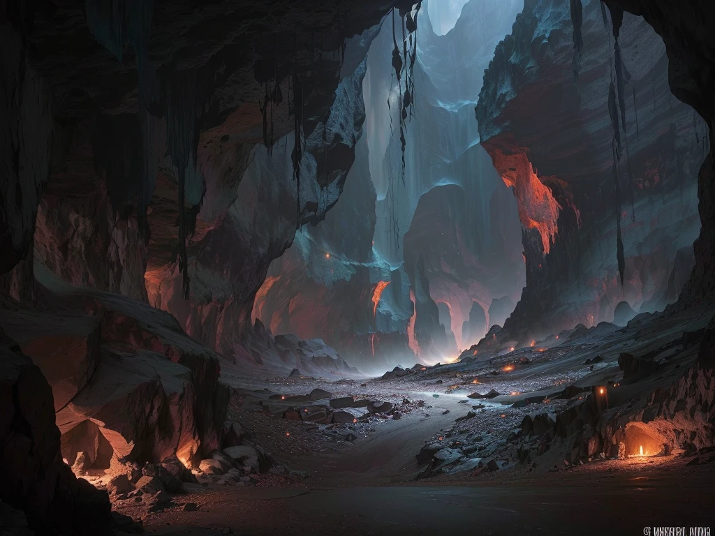There is a cave,There's fire inside, Diablo digital concept art, Dark fantasy environment, Dark fantasy concept art, dark cinematic concept art, Fantasy doomsday environment, Dark Concept Art, Hell sight, Dark fantasy art, Detailed 4k concept art, Concept Art 8 K, Theatre concept art, Inspired by Andreas Rocha, Epic digital concept art