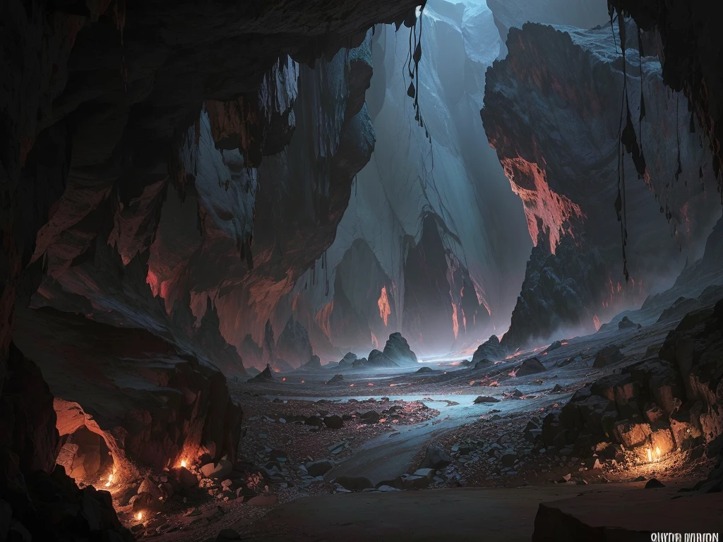 There is a cave,There's fire inside, Diablo digital concept art, Dark fantasy environment, Dark fantasy concept art, dark cinematic concept art, Fantasy doomsday environment, Dark Concept Art, Hell sight, Dark fantasy art, Detailed 4k concept art, Concept Art 8 K, Theatre concept art, Inspired by Andreas Rocha, Epic digital concept art
