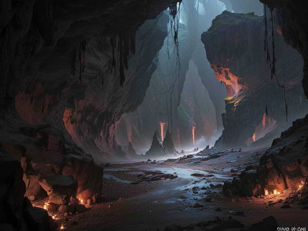 There is a cave，There&#39;s fire inside, Diablo digital concept art, Dark fantasy environment, Dark fantasy concept art, dark cinematic concept art, Fantasy doomsday environment, Dark Concept Art, Hell sight, Dark fantasy art, Detailed 4k concept art, Concept Art 8 K, Theatre concept art, Inspired by Andreas Rocha, Epic digital concept art