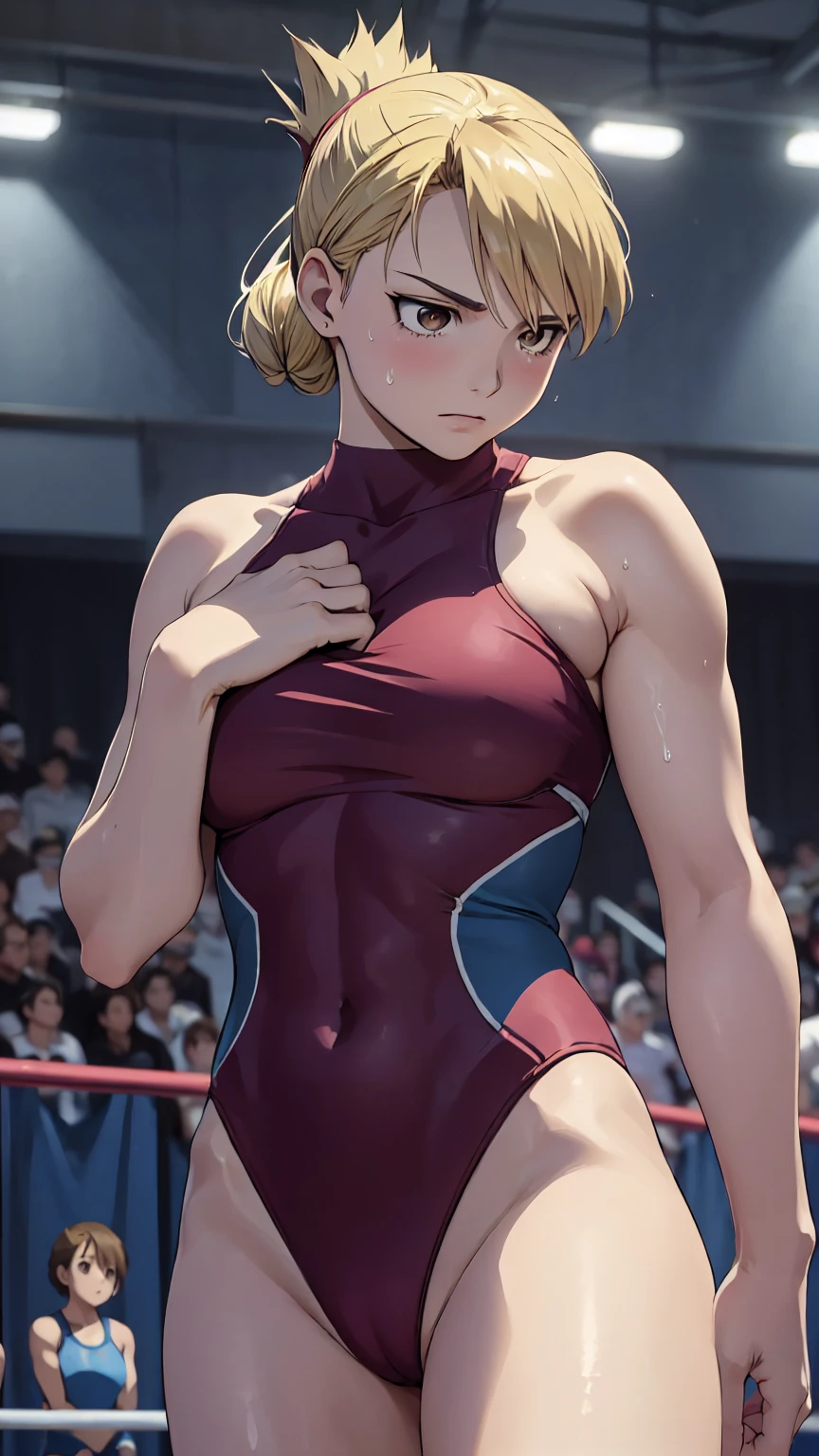 masterpiece, Highest quality, High resolution, One Girl, Hamriz, ponytail, Brown eyes,big ,Competitive swimming suits、Cowboy Shot、Muscular body、blush、Sweat、Composition from the front、アニメ、(((Competitive swimming suits、Stand in front、audience、Shaking breasts、 fully exposed、Facing forward)))、((Wrestling Arena)), (Female wrestler), (Slender body, Sweat, tired), Mature Woman, Mature Woman, (Competitive swimming suits、Very detailed wrestling equipment) 