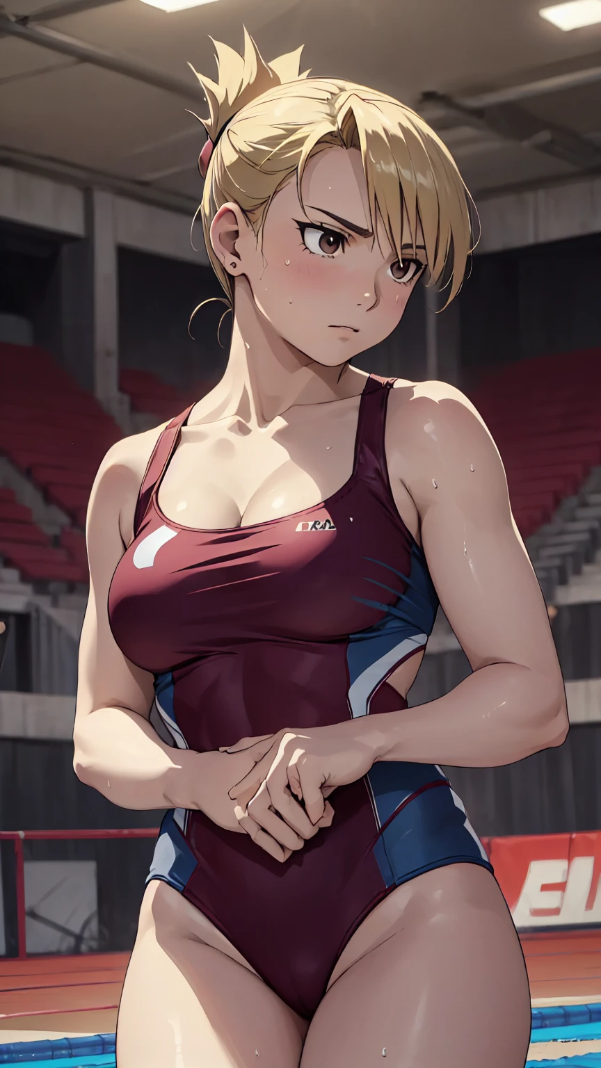 masterpiece, Highest quality, High resolution, One Girl, Hamriz, ponytail, Brown eyes,big ,Competitive swimming suits、Cowboy Shot、Muscular body、blush、Sweat、Composition from the front、アニメ、(((Competitive swimming suits、Stand in front、audience、Shaking breasts、 fully exposed、Facing forward)))、((Wrestling Arena)), (Female wrestler), (Slender body, Sweat, tired), Mature Woman, Mature Woman, (Competitive swimming suits、Very detailed wrestling equipment) 