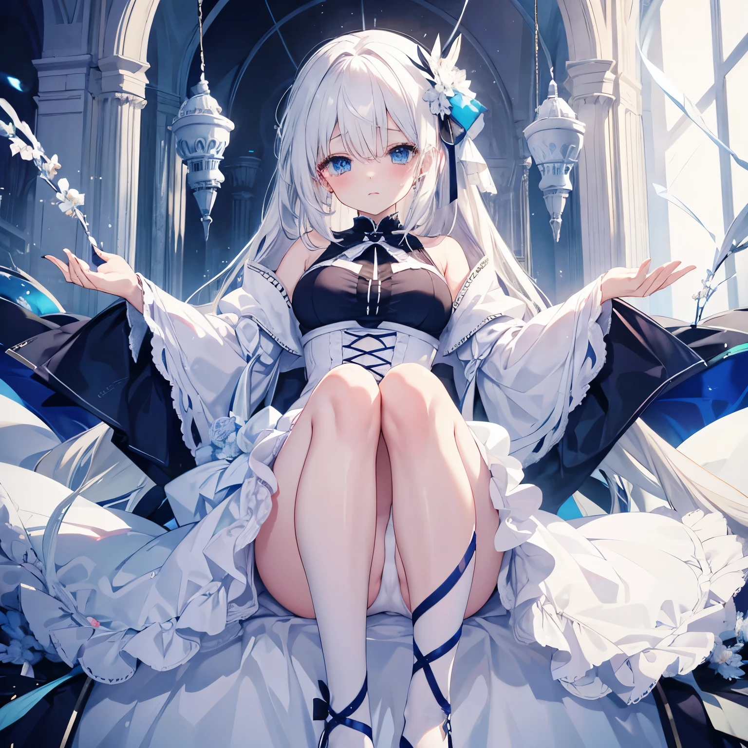White-haired beauty、Blue Eyes、Are crying、Drooling、Hands tied up、M-shaped legs、Panty shot