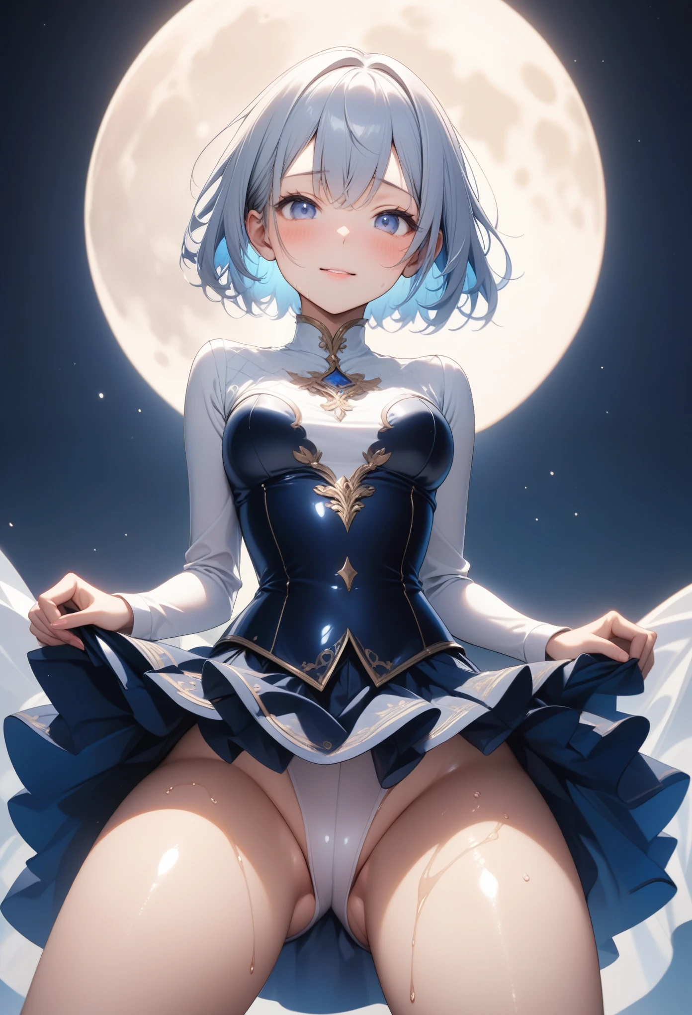 (Moon-inspired dress)), ((skirt)), ((pantyhose)), ((Shiny Costumes)), skindentation, skinny, solo, 1 woman, Masterpiece, highest quality, highest quality, 16K, incredibly absurd, highly detailed, 2.5D, ai-generated, delicate and dynamic, very delicate facial expressions, delicate eye depiction, erotic, only sexy woman, ((A cute and kind face)), healthy figure, ((25-year-old woman)), 160cm tall, medium firm swaying bust, , blush, Sweat,Embarrassed,sexy, ((thin thighs)), (camel toe:0.7), (visible nipples:0.3), (Erect nipples,:0.7), shiny and lustrous, facing straight at viewer, (((in heat))), ((Oily_skin)),, ((dutch angle)), ((erotic pose)), , (((A woman making a confession under the moonlight))),, ((sit)),