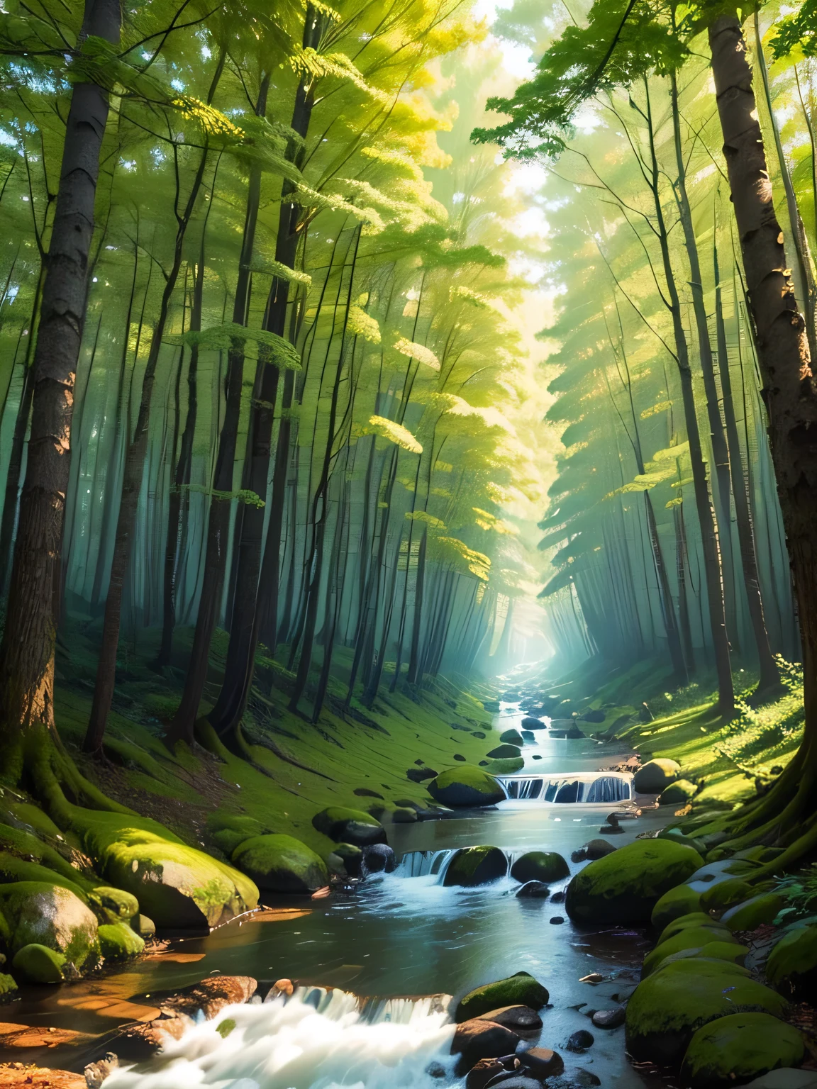 Bright forest trees, paths, streams,