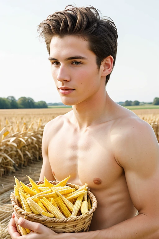Young handsome cute white white skin soft skinny beautiful face shirtless in a corn field picking corn in a basket