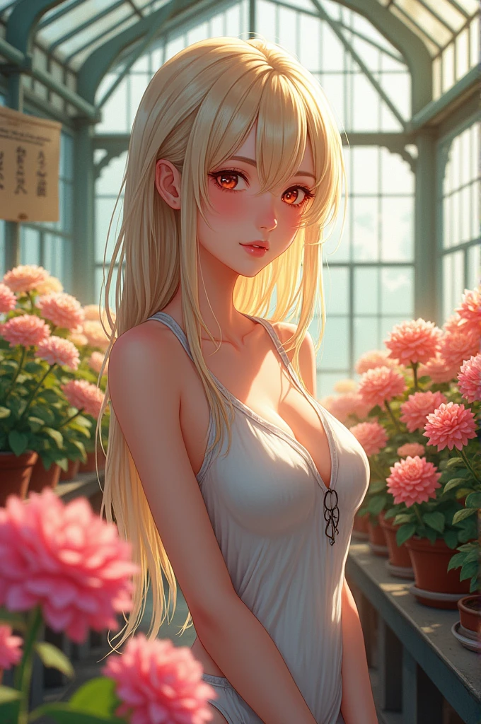 Very delicate and beautiful, wonderful, In detail, masterpiece, Very detailed, High resolution,Best illustrations, Best Shadow,Complex,Sharp focus,  high quality, Japanese female 1 person, alone, Blonde. Red eyes, Kaveh Genshin Impact, Glass greenhouse, Potted flowers, Flowers for sale, Woman looking at flowers, Flowers are blooming everywhere, Lens flare,Sleeveless,Beautiful breasts