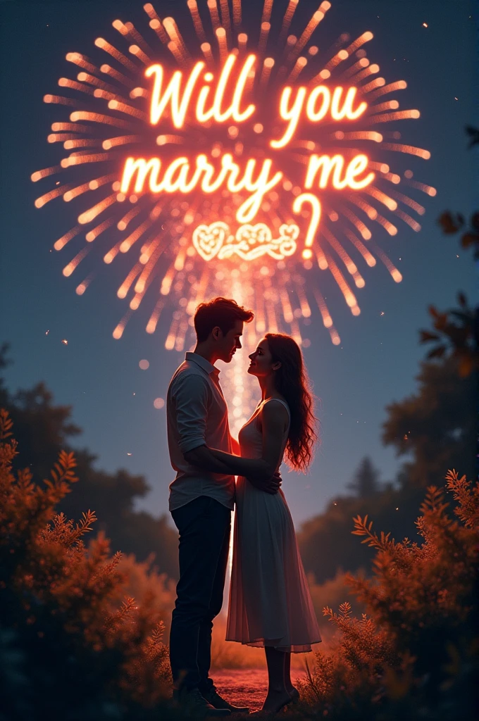 a romantic moonlit confession a couple, there is a fireworks that say "will you marry me ?"