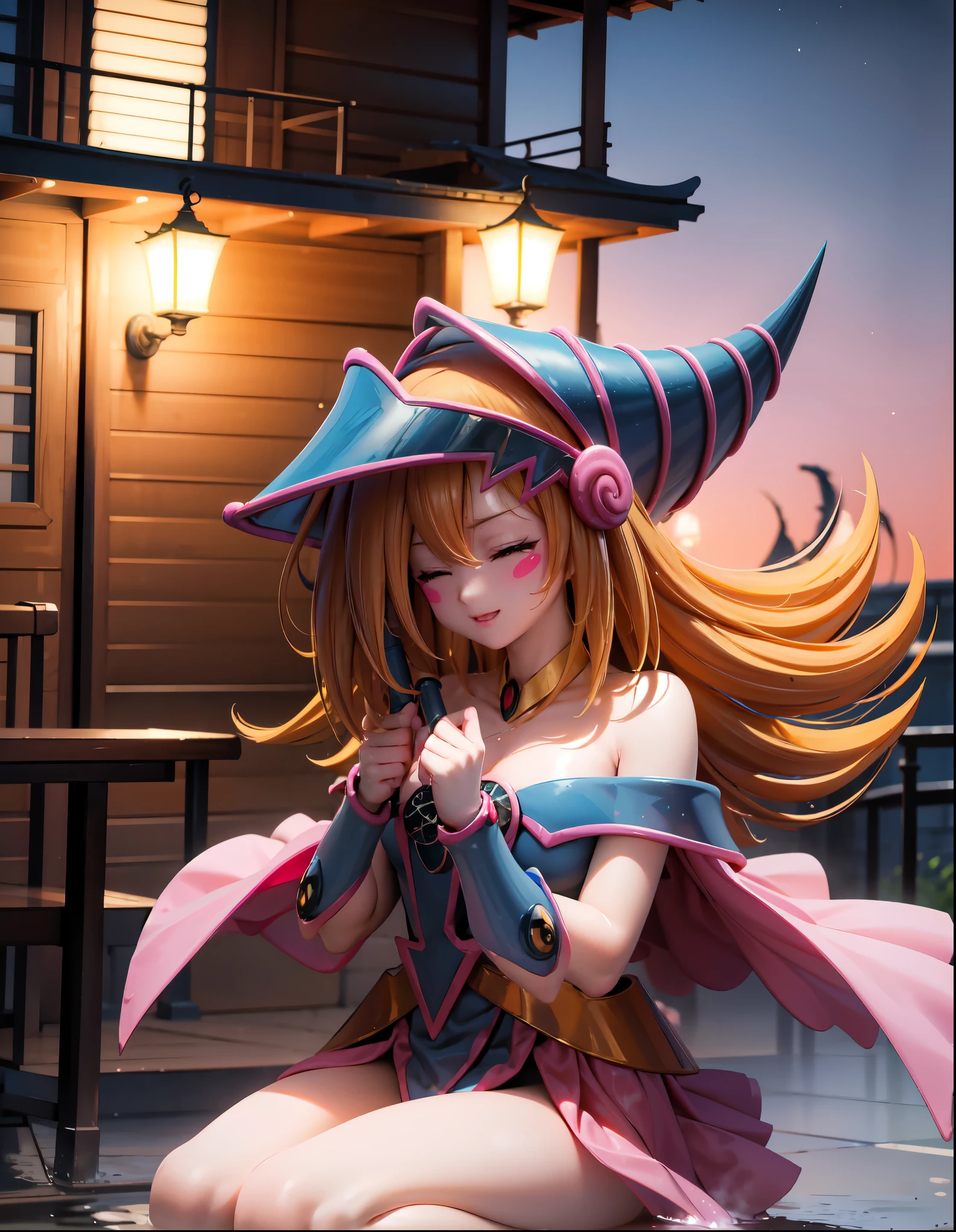 masterpiece,Best Quality,ultra detailed,8k,
ambient light,Realistic skin,shiny skin,
（dark magician girl, duel monster, blush stickers, by rubio, green eyes, by the wide, old, blush, hits, large old, hair between the eyes, pentacle, staff, has, dress, neckline, bare shoulders, clavicle, choker, blue hats, wizard has, brace, separate sleeves;）、
（Lie face down：1.3）、（portrait）、（the body is very wet：1.5）、Yukata、bright lips、Slightly highlights the lower lip.、blush、embarrassed expression、emphasizing the neckline、
Fantastic night sky、full moon、Aurora、horizon、outdoor bath、japanese in