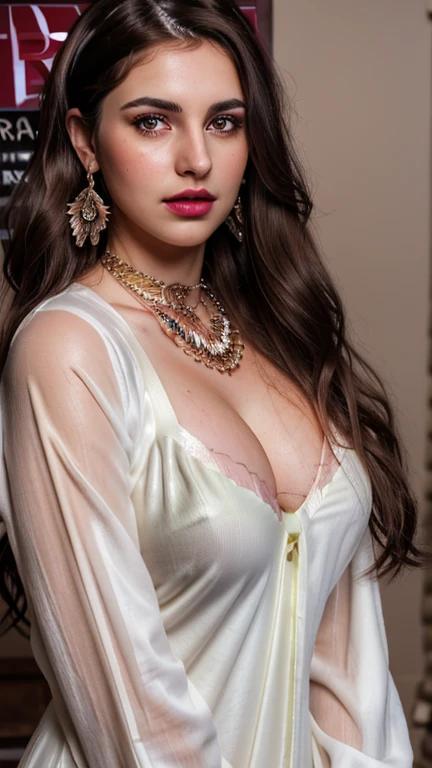 Wavy brown hair, (RAW photo, realism: 1.8), (very dark lip gloss, jet black lipstick, many eyelashes, dark black eye shadow, shy, blushing, high quality, high resolution, depth of field, chromatic aberration, caustic, wide light, natural colors, 30 year old woman), necklaces, chokers, earrings, bracelets, wear many accessories, wearing traditional Pakistani clothes, white color dress, and white hijab, woman very big , soft skin, white skin, slim nose, beautiful eyes, The Casual Hip Stance poses, 8k results, high resolution, realistic, perfect breast nipples nice clevage seductive poses red lips full body front face nudes 