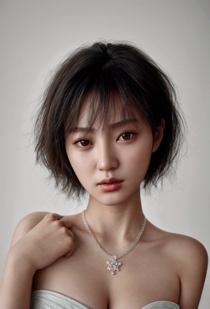 fashion photography portrait of 1girl, offshoulder, fluffy short hair, soft light, rim light, beautiful shadow, low key, (photorealistic, raw photo:1.2), (natural skin texture, realistic eye and face details), Hyperrealism, ultra high res, 4K, Best quality, masterpiece, necklace, (cleavage:0.8), in the dark. Negative prompt: (worst quality, low quality, bad_pictures, negative_hand-neg: 1.2). Asian women
