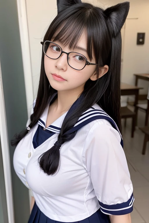 ((Melancholic expression))、((Sad face))、((Angry face))、((Crying face))、(長いBlack Hair)、((Wearing glasses))、Small fox ears、((Highest quality、8k、masterpiece))、Sharp focus:1.2、、((Big Breasts))、(Cleavage))、masterpiece、Highest quality、Woman 1、Very detailed、The view looking up from directly below Black Hair Face seen from below ((Japanese schoolgirl))、((Summer sailor uniform))、Pleated skirt、((Big Breasts))、(Cleavage))、Under the chest、Chest seen from below Let me'Let's take a look under the sailor suit sealed