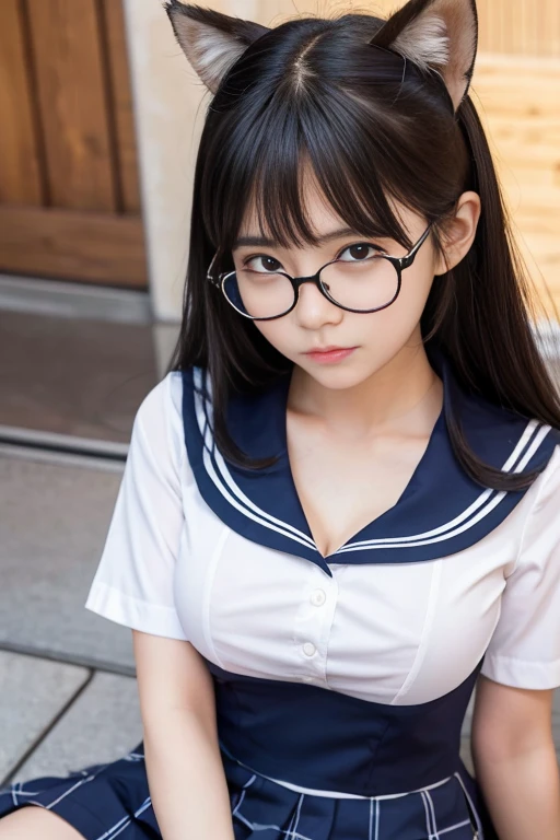 ((Melancholic expression))、((Sad face))、((Angry face))、((Crying face))、(長いBlack Hair)、((Wearing glasses))、Small fox ears、((Highest quality、8k、masterpiece))、Sharp focus:1.2、、((Big Breasts))、(Cleavage))、masterpiece、Highest quality、Woman 1、Very detailed、The view looking up from directly below　Black Hair　Face seen from below　((Japanese schoolgirl))、((Summer sailor uniform))、Pleated skirt、((Big Breasts))、(Cleavage))、Under the chest、Chest seen from below　Let me&#39;Let&#39;s take a look under the sailor suit　sealed