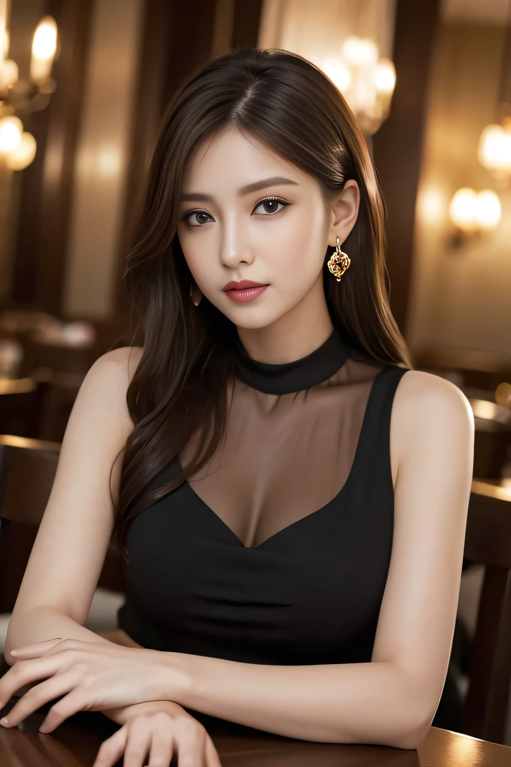 masterpiece, Highest quality, Realistic, Very detailed, Finer details, High resolution, 8k wallpaper, One beautiful woman, Wear an elegant black see-through blouse, In a great restaurant, At night, Light brown hair, Perfect dynamic composition, Beautiful and beautiful eyes、Big earrings、Sleeveless shirt、