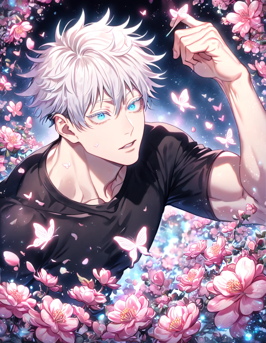 absurdres, highres, ultra detailed, HDR, master piece, best quality, extremely detailed face, delicated features, Gojou Satoru, white hair, expressive blue eyes, Jujutsu Kaisen, solo, sexy, sensual man, manly man, black tight T-shirt, blossoms, pink flowers, pink butterflies, fantasy, magical, radiant