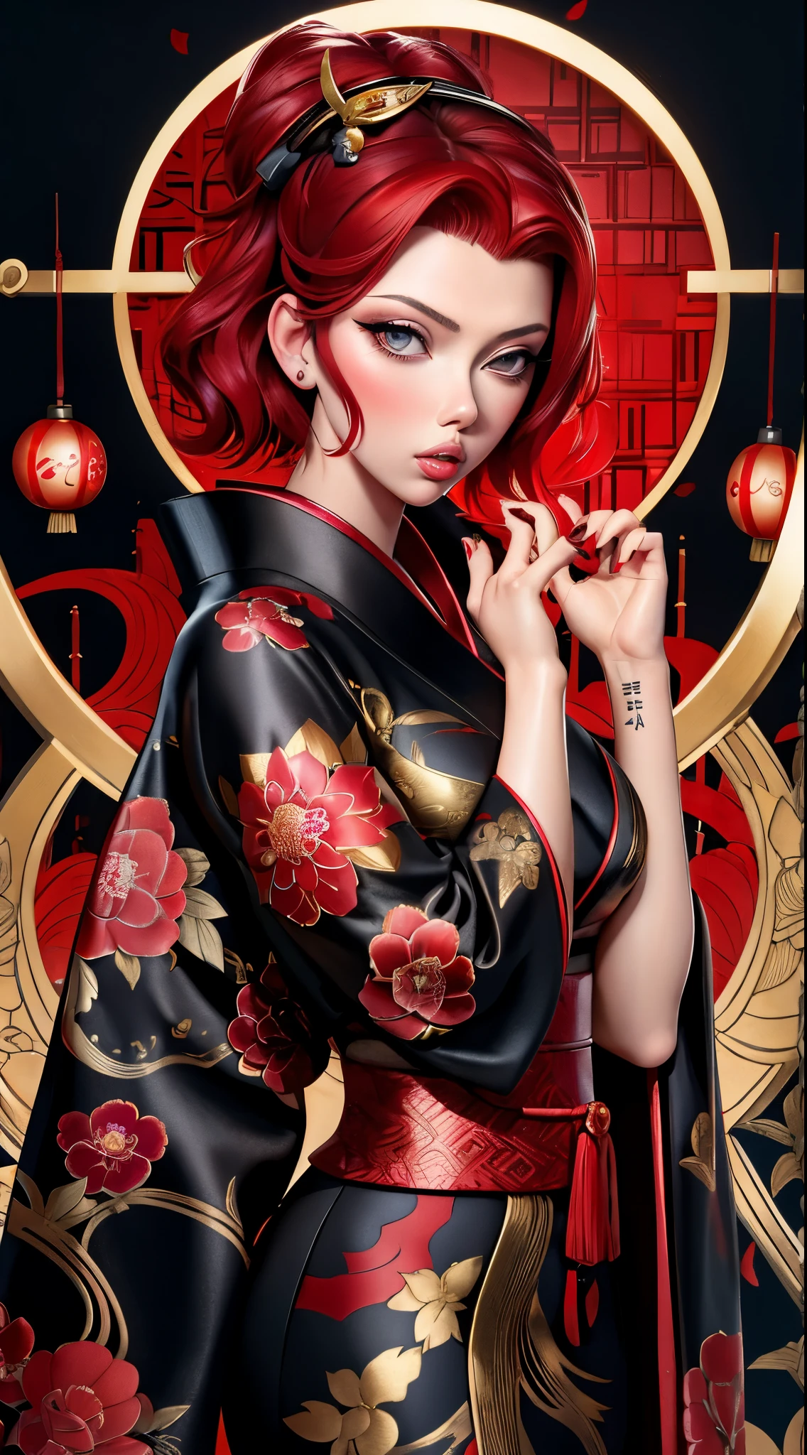 ((Scarlet Johansson)) black widow in a golden red kimono dress with a gold halo, japanese goddess, chie yoshii, elegant japanese woman, portrait of a beautiful geisha, intricate geisha kimono, japanese art style