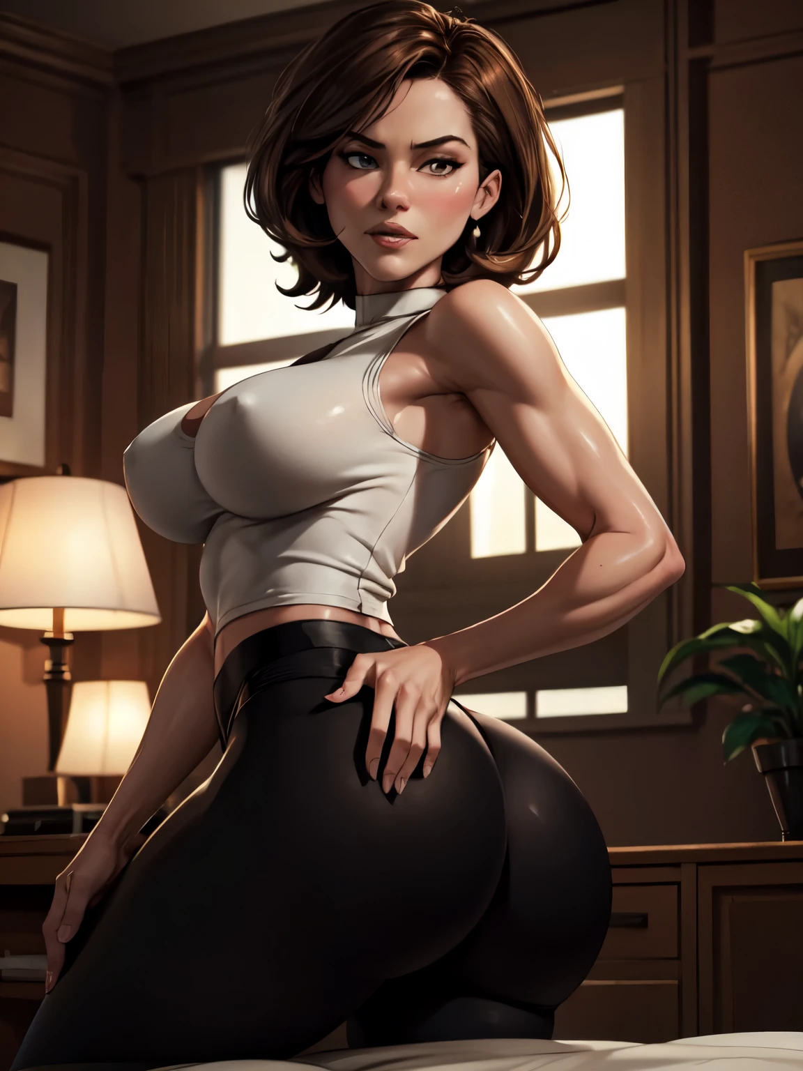 masterpiece, best quality, 4k, detailed, intricate, realistic), married hot landlady notices the outline of my huge erection and offers me an assjob, black yoga pants, white vest, blushing, indoors, helenparr, detailed face, detailed body, Intricate, High Detail, Sharp focus, studio lighting, detailed, detailed face, naked, sexy, Helen Parr, normal body, fair skin, green eyes, naughty, lusting, Kate Beckinsale,