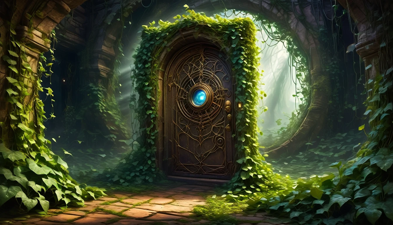 Forgotten Gate of Time and Space, fantasy theme, concept art, The deepest door in the underground maze, a door made of magic, Time travel portal, (A door that cannot be opened due to ivy and cobwebs:1.3, Shiny magic net), (Old and rusty door, dirty), dark, (Magical breath leaks from outside the door:1.3),  (masterpiece), (best quality), (Ultra-high detail)