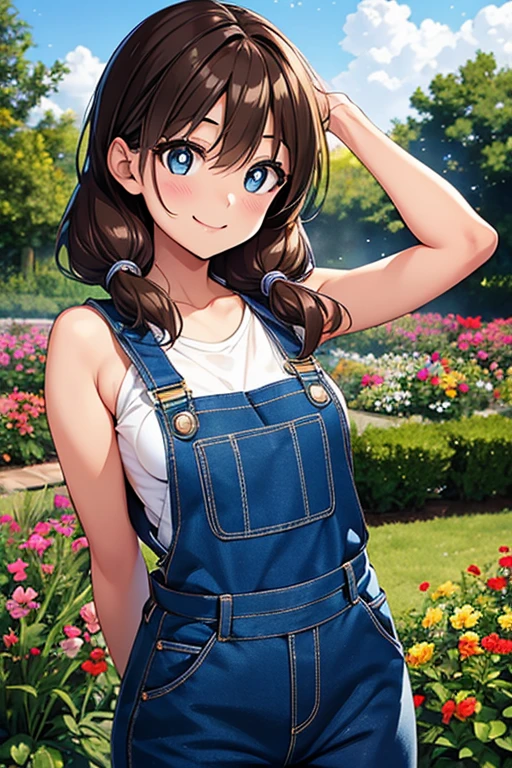 Megumi Amano、Shiny brown hair, Twin tails, Beautiful Blue Eyes、Small waist、Small breasts、Modest chest、smile、Sparkling eyes, (fine grain)、Very fine eye、非常にdetailedな顔, 非常にdetailedな目, Cowboy Shot、




, 
high quality, detailed, Young girl in dungarees, garden, nude, I can see your chest, smile, Sunny weather, Long Hear,