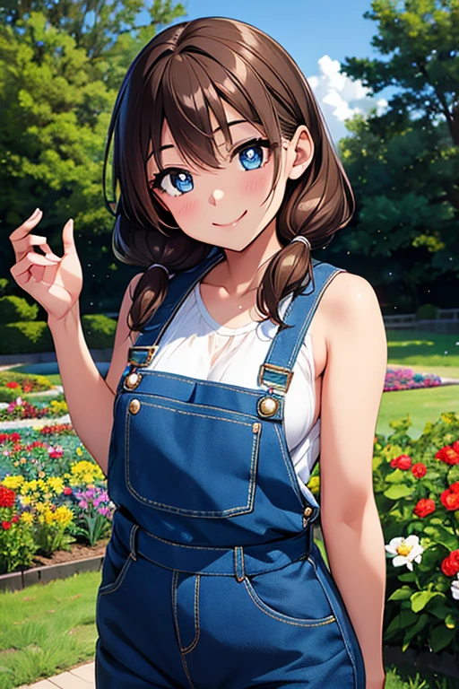 Megumi Amano、Shiny brown hair, Twin tails, Beautiful Blue Eyes、Small waist、Small breasts、Modest chest、smile、Sparkling eyes, (fine grain)、Very fine eye、非常にdetailedな顔, 非常にdetailedな目, Cowboy Shot、




, 
high quality, detailed, Young girl in dungarees, garden, nude, I can see your chest, smile, Sunny weather, Long Hear,