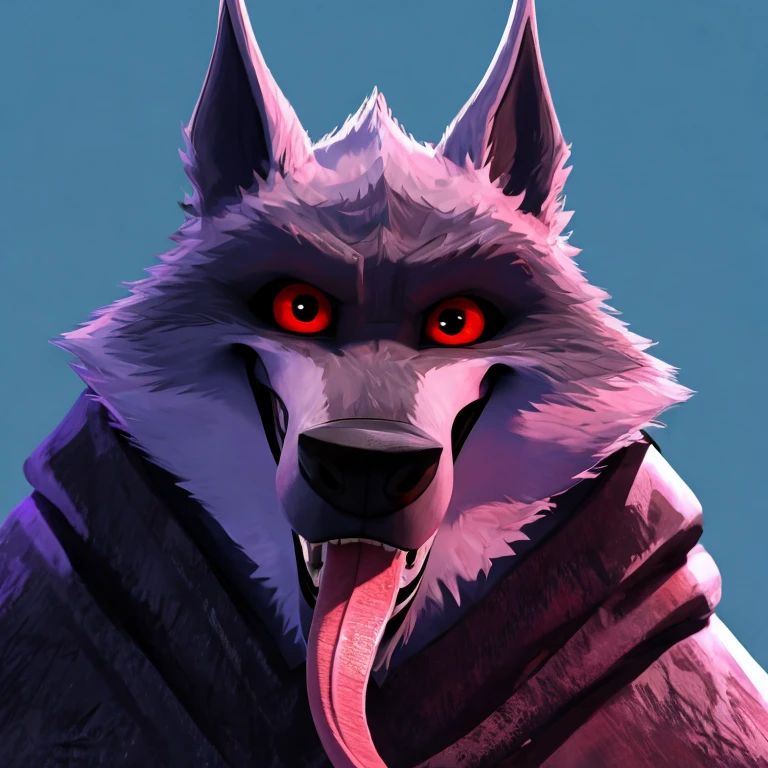 Death (Puss in Boots: The Last Wish), DreamWorks Animation, 2D, Looking at viewer, Open Mouth, Tongue Out, Long Tongue, Wide-Eyed, Wolf Ears, Anatomically Correct, Seductive Smile, Raised Eyebrow, Oral Invitation, Simple background, Character Design, Illustration, High Resolution, Super Detailed, Textured Skin, Eye Level Shot, Single Shot, Medium Close Up