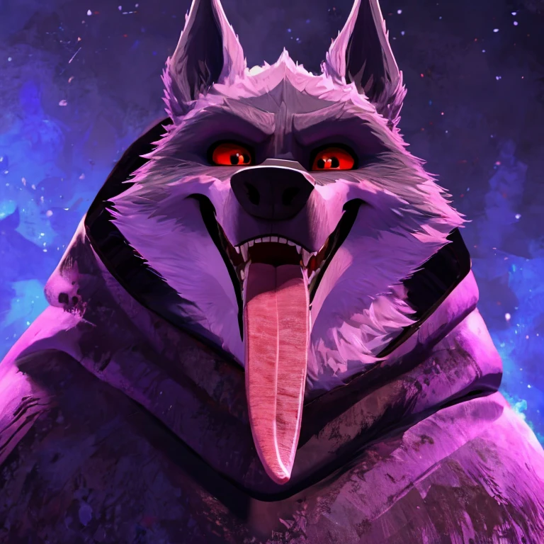 Death (Puss in Boots: The Last Wish), DreamWorks Animation, 2D, Looking at viewer, Open Mouth, Tongue Out, Long Tongue, Wide-Eyed, Wolf Ears, Anatomically Correct, Seductive Smile, Raised Eyebrow, Oral Invitation, Simple background, Character Design, Illustration, High Resolution, Super Detailed, Textured Skin, Eye Level Shot, Single Shot, Medium Close Up