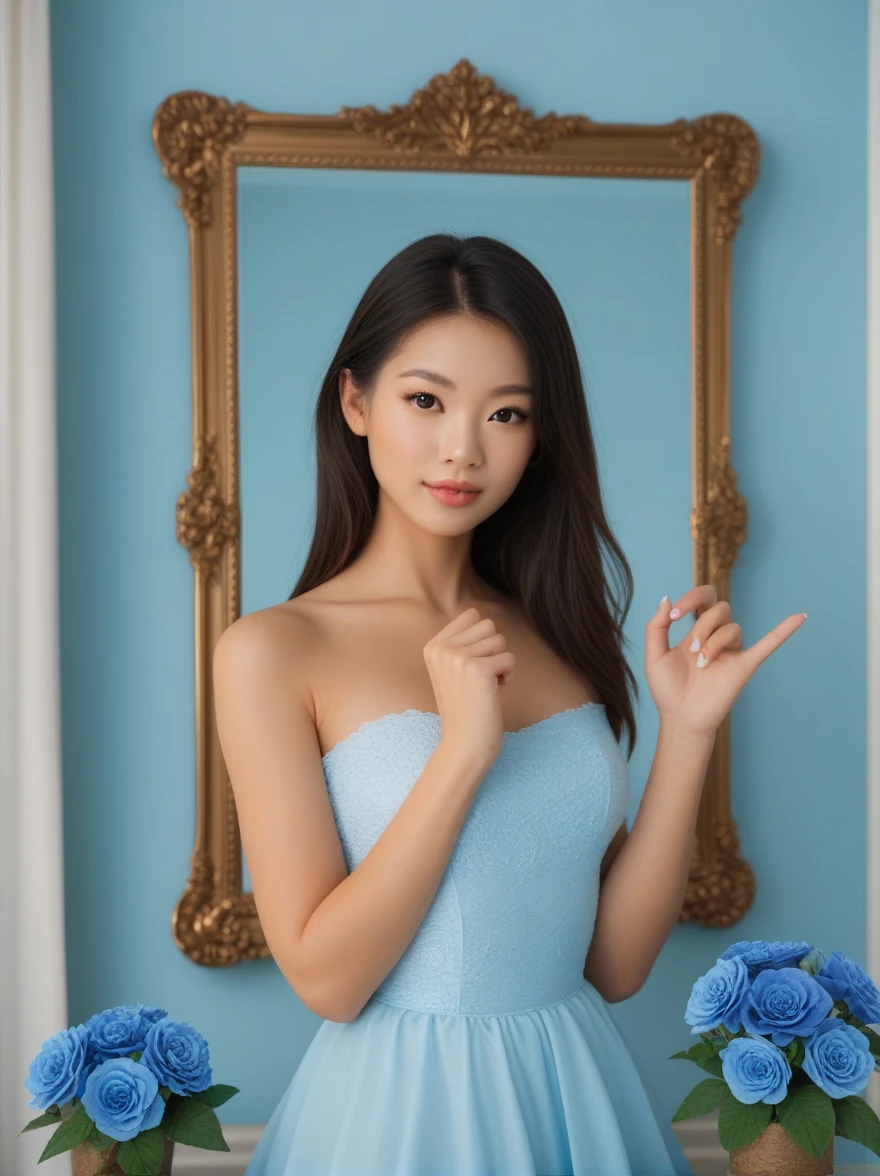 a close up of a asian girl in a blue dress standing in front of a mirror, trending on cgstation, duy beni serial, dang my linh, banner, with a thin waist, trending at cgstation, banner, flower garden behind models, blue flowers, light blue background, beautiful girls, realistic style, best quality, 5 finger hands, volumetric lighting,good lighting,, masterpiece, best quality, highly detailed,extremely detailed cg unity 8k wallpaper,illustration