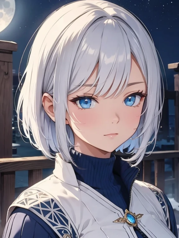 silver bob hair, Blue eyes, (((beautiful))),Mary,Blue sweater, White jacket, Cropped jacket, Long sleeve, Open clothes, Ribbed sweater, 手链, (((Glowing Skin))), ((Intricate details)), High resolution, ((Intricate details, Ultra-detailed)), Cinematic shots, Vignette, gazing condescendingly at the viewer, (((Confession in the Moonlight)))