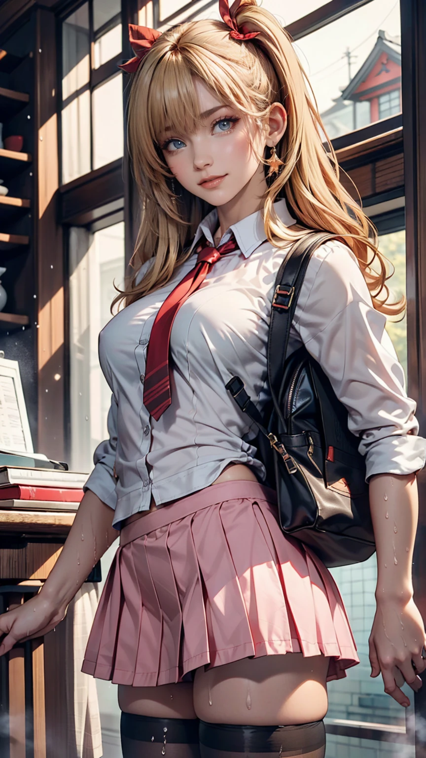 Airi Akizuki. oni chichi, masterpiece, Highest quality, Very detailed, figure, Flat Color, Depth of written boundary, , , 1 girl, young, anime, Returning Home, full length, blonde, Twin tails, Looking at the audience, red pleated mini skirt, Wet white button-down shirt, school uniform, Seraphim, Blue tie, Very good, black tights, Small red backpack(Japanese school bags), Detailed leather texture, Detailed fabric texture, Beautifully detailed face, Big Breasts, blue eyes, tired, A light smile, Pink Panties