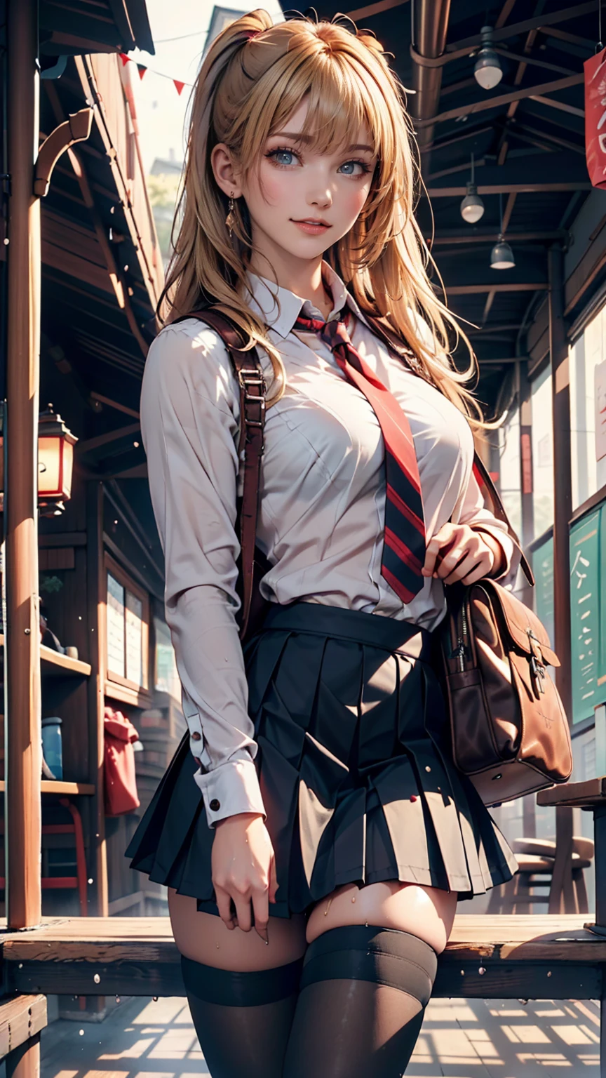 Airi Akizuki. oni chichi, masterpiece, Highest quality, Very detailed, figure, Flat Color, Depth of written boundary, , , 1 girl, young, anime, Returning Home, full length, blonde, Twin tails, Looking at the audience, red pleated mini skirt, Wet white button-down shirt, school uniform, Seraphim, Blue tie, Very good, black tights, Small red backpack（Japanese school bags), Detailed leather texture, Detailed fabric texture, Beautifully detailed face, Big Breasts, blue eyes, tired, A light smile, Pink Panties