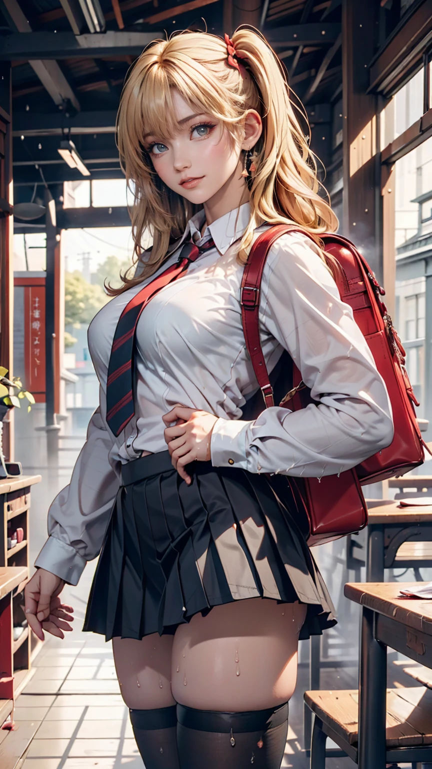 Airi Akizuki. oni chichi, masterpiece, Highest quality, Very detailed, figure, Flat Color, Depth of written boundary, , , 1 girl, young, anime, Returning Home, full length, blonde, Twin tails, Looking at the audience, red pleated mini skirt, Wet white button-down shirt, school uniform, Seraphim, Blue tie, Very good, black tights, Small red backpack(Japanese school bags), Detailed leather texture, Detailed fabric texture, Beautifully detailed face, Big Breasts, blue eyes, tired, A light smile, Pink Panties