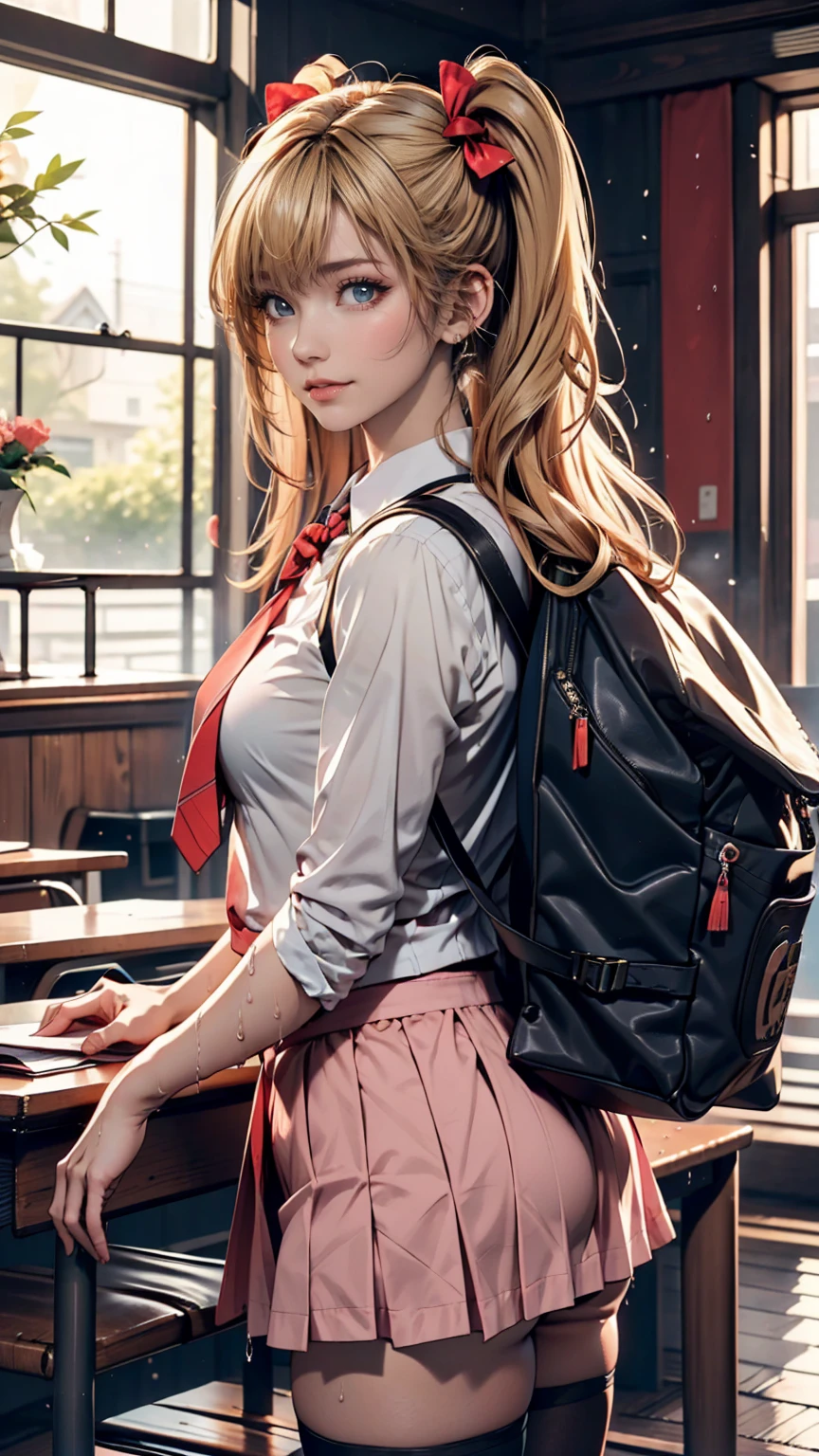 Airi Akizuki. oni chichi, masterpiece, Highest quality, Very detailed, figure, Flat Color, Depth of written boundary, , , 1 girl, young, anime, Returning Home, full length, blonde, Twin tails, Looking at the audience, red pleated mini skirt, Wet white button-down shirt, school uniform, Seraphim, Blue tie, Very good, black tights, Small red backpack(Japanese school bags), Detailed leather texture, Detailed fabric texture, Beautifully detailed face, Big Breasts, blue eyes, tired, A light smile, Pink Panties