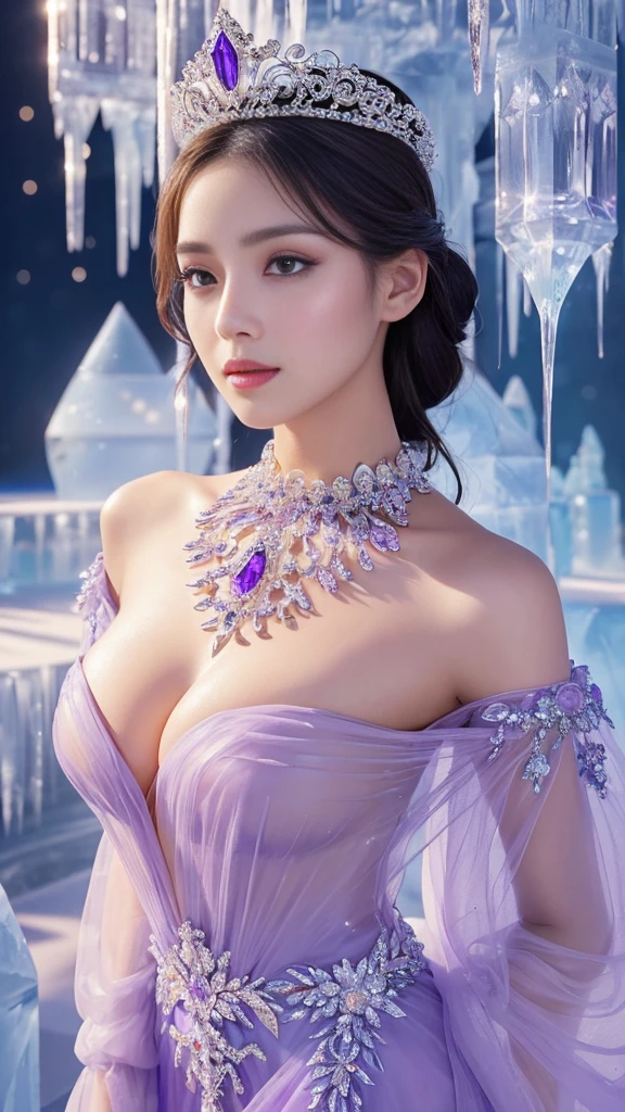 (masterpiece、highest quality、Best image quality、8k、Award-winning works)、A goddess、(Most luxurious, shiny, dress:1.1)、(The most luxurious and highest quality giant tiara:1.1)、(The most luxurious and highest quality giant necklace:1.1)、(A top-class goddess costume with a beautiful light purple:1.2)、(elaborately decorated costume shines in purple:1.1)、(A high quality goddess costume with a beautiful purple:1.1)、Large Breasts、Beautiful transparent sleeves of the highest quality、(High quality transparent sleeve with jewel embellishment:1.1)、Stand gracefully、(The most luxurious ice palace background:1.4)、The background is a well-designed ice palace、Beautiful ice ceiling、(Palace interior background made of intricate shiny transparent ice:1.4)、(Elegant palace columns made of ice:1.05)、Most complex、Most luxurious decoration、(Lots of jewelry:1.1)、Complex and detailed backgrounds,Spectacular lighting、(Perfect bold makeup)、Long eyelashes、Beautiful eye shadow、(Accurate anatomy:1.1)、Natural forehead、Complex and detailed backgrounds、The subtlest glimmer、Deep background、Low contrast、Surrounded by soft lighting、(Body facing forward:1.1),(full body showing:1.1),tanned skin